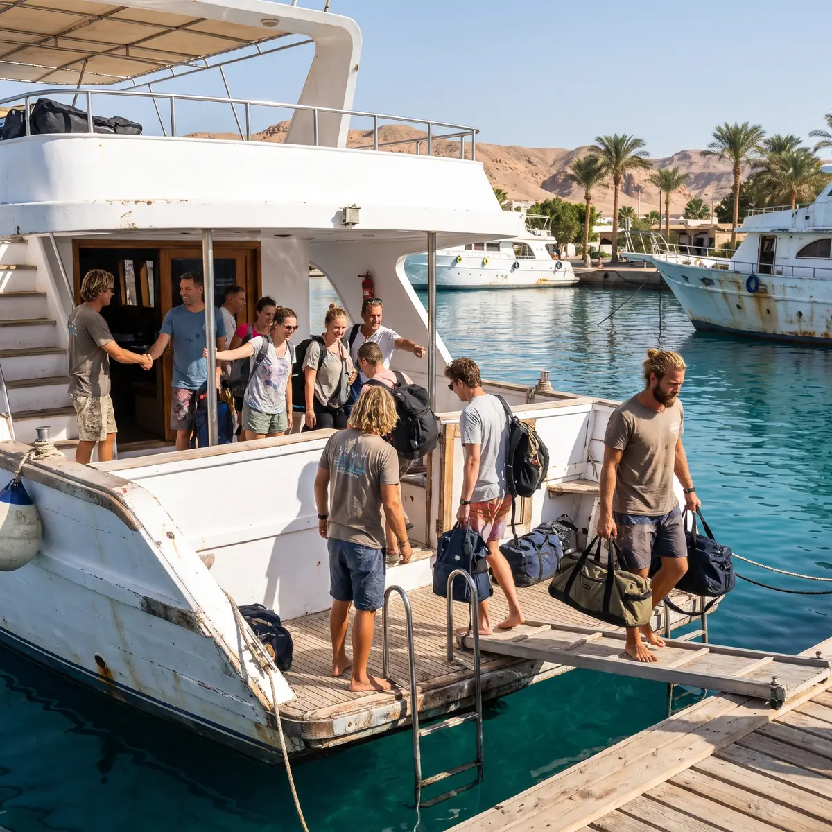 A liveaboard crew welcoming a full group of guests aboard