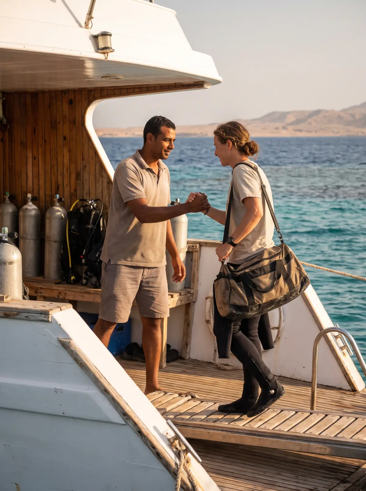 A crew member welcoming a guest aboard a liveaboard