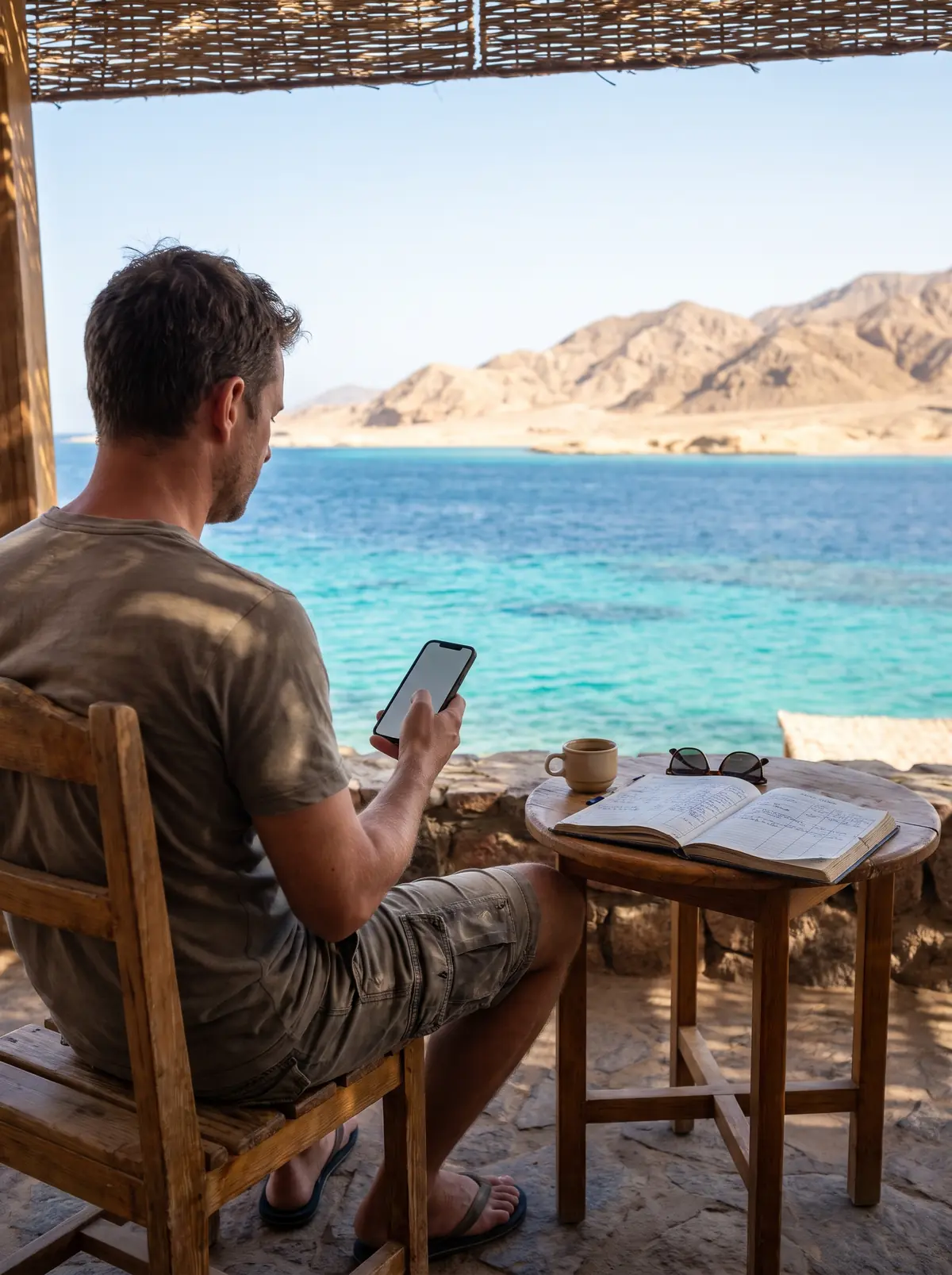 A diver planning a trip on a phone, on a balcony over the Red Sea